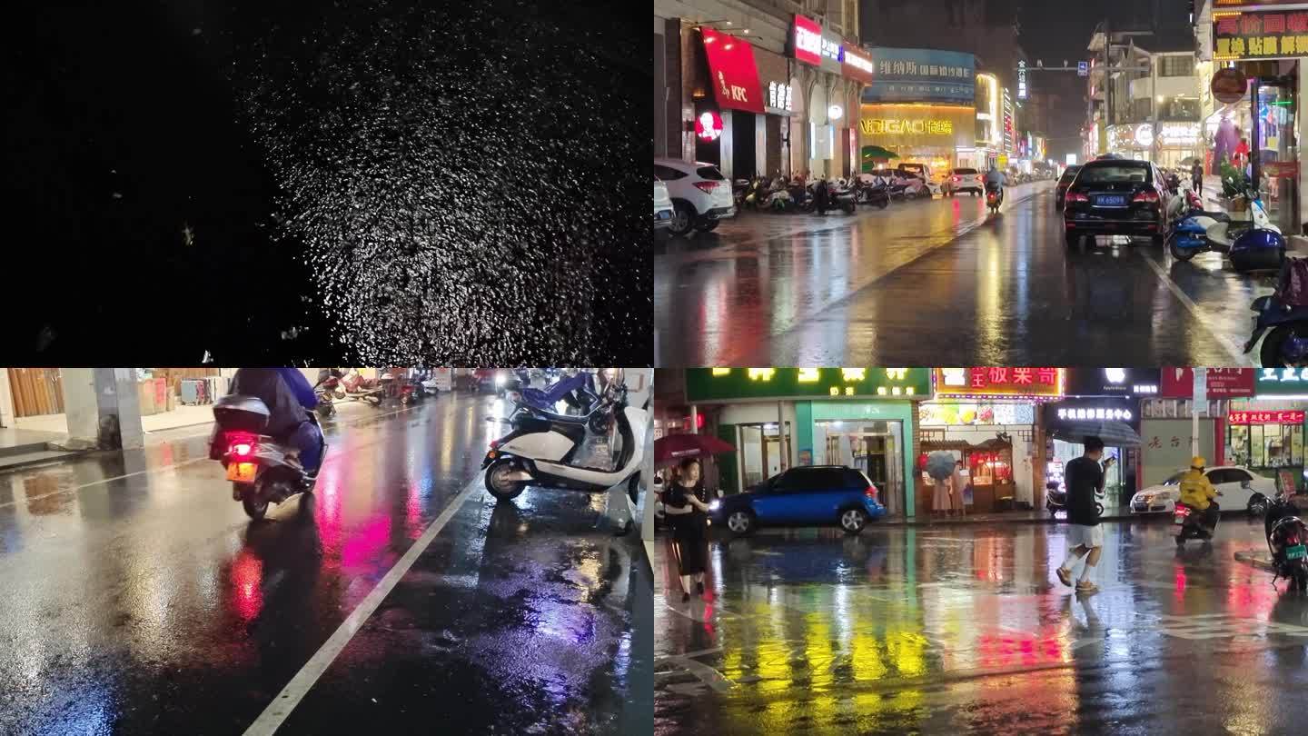 深夜城市下雨夜晚雨灯车雨季路面水珠水滴
