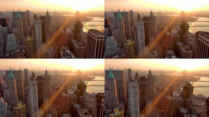 城市航拍纽约曼哈顿市中心摩天大楼日出河流