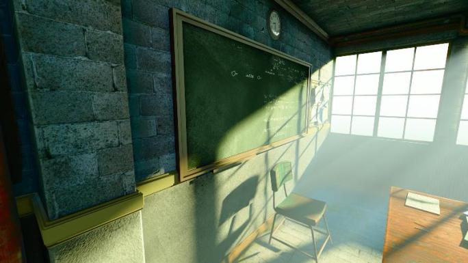 太阳光穿过被遗弃的空荡旧教室延时