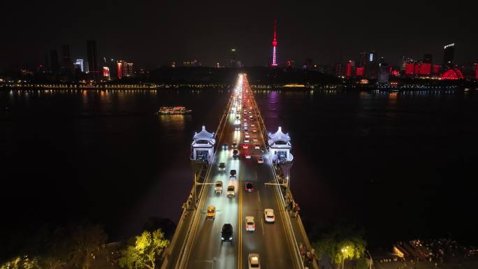 武汉长江大桥夜景航拍长江夜景城市建筑风光