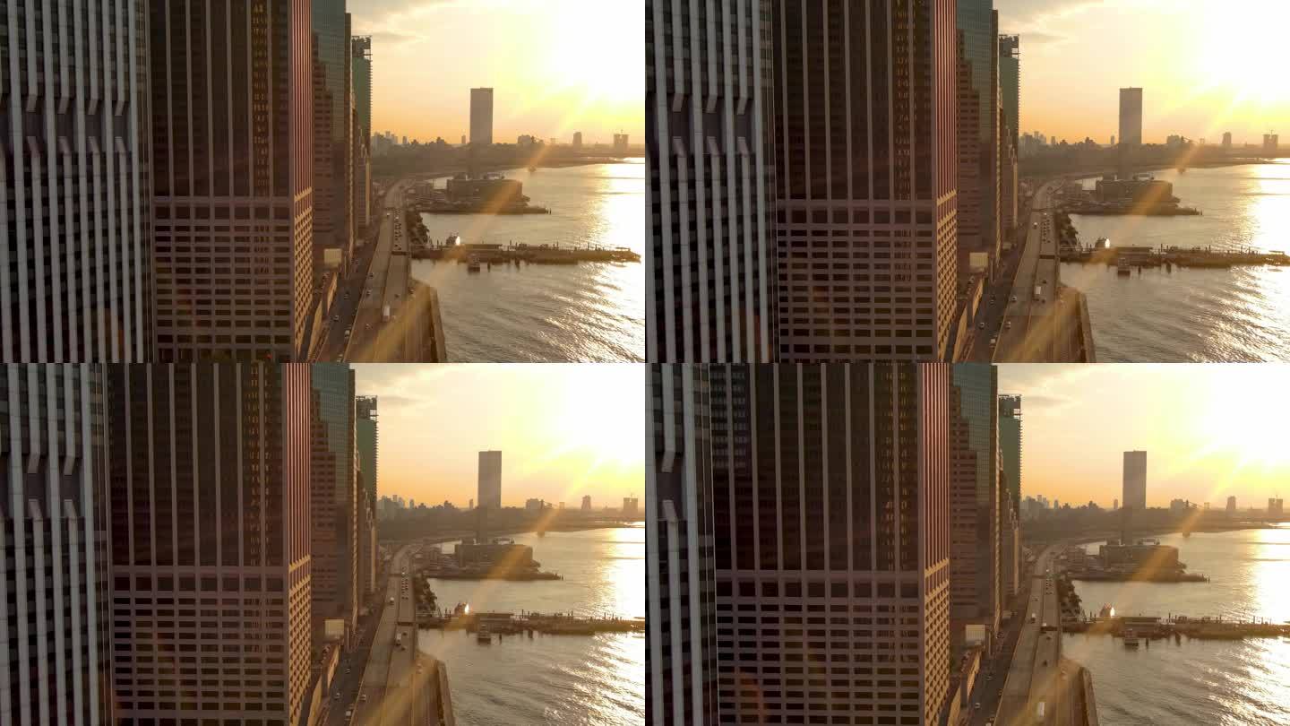城市航拍纽约曼哈顿水街55号摩天大楼日出