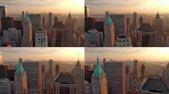航拍纽约曼哈顿市中心摩天大楼日出天际线