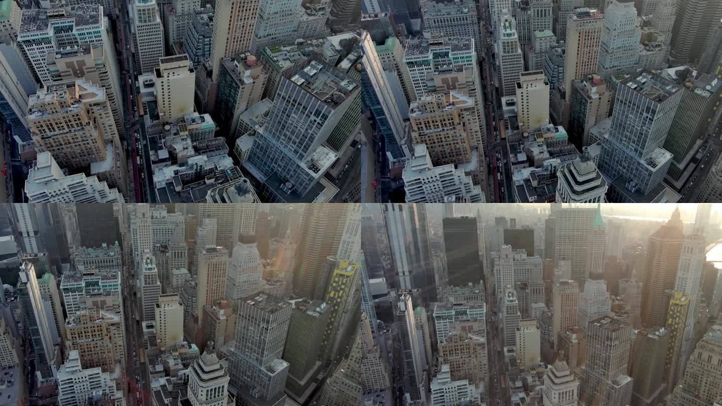 城市航拍纽约曼哈顿市中心摩天大楼日出街道