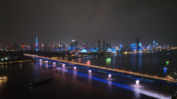 武汉长江大桥夜景航拍长江夜景城市建筑风光