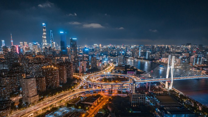 上海南浦大桥夜景航拍延时