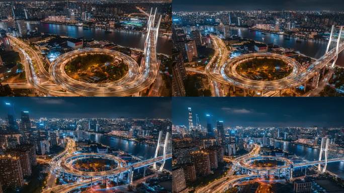 上海南浦大桥夜景航拍延时