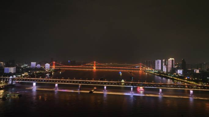 武汉长江大桥夜景航拍长江夜景城市建筑风光