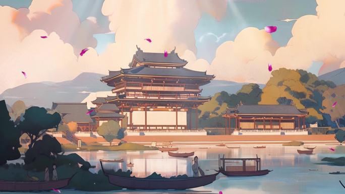 古代中国风建筑湖边风光场景古装走秀大屏
