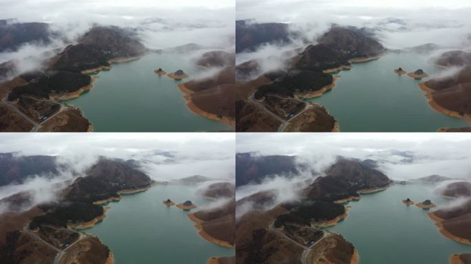航拍冬季云雾缭绕的桂林全州天湖