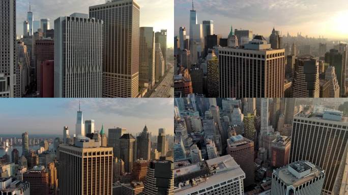 城市航拍曼哈顿纽约广场一号摩天大楼日出