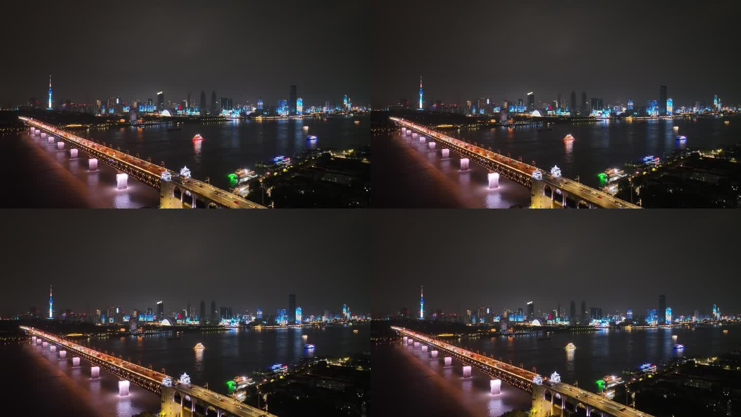 武汉长江大桥夜景航拍长江夜景城市建筑风光