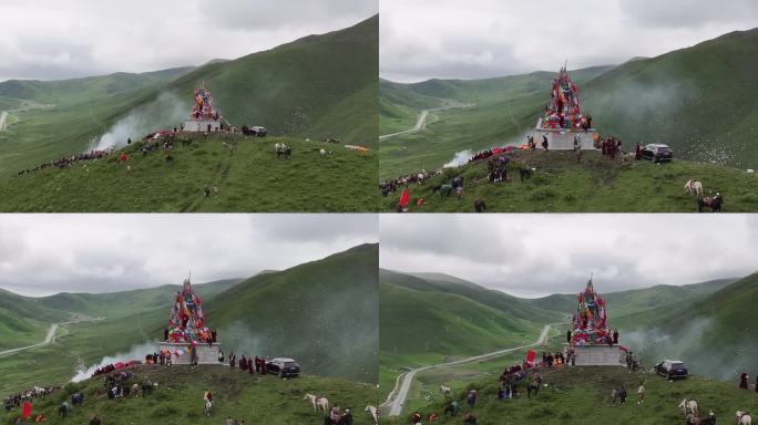 航拍大山插箭煨桑藏族民俗