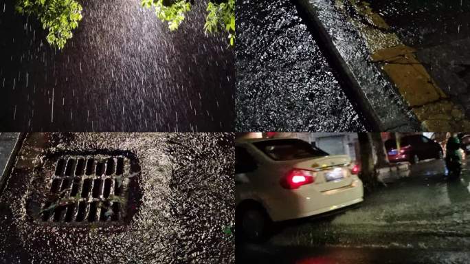 深夜城市下雨夜雨季路面暴雨倾盆积水街道