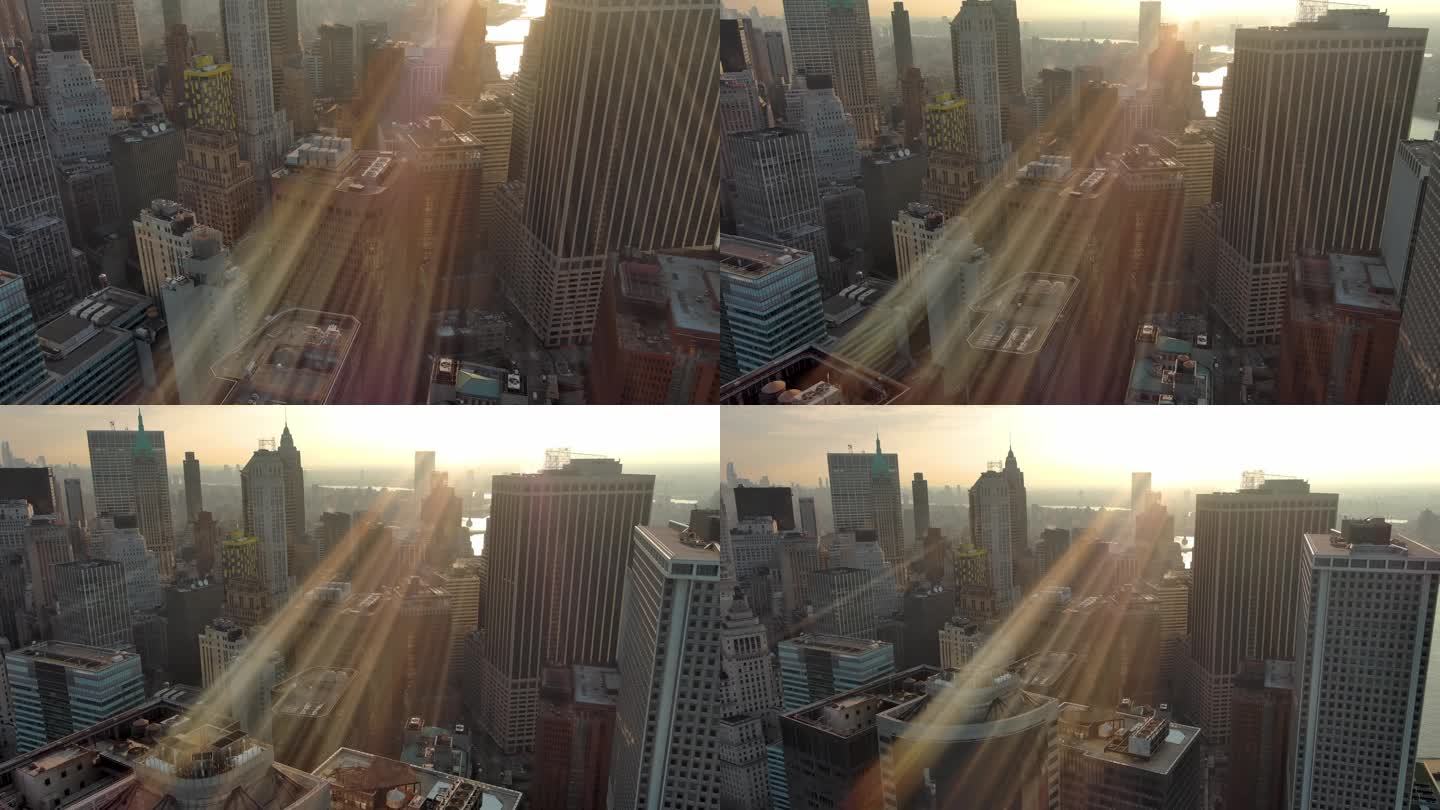 城市航拍纽约曼哈顿市中心摩天大楼河流日出