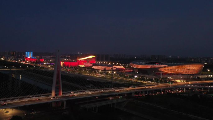 航拍郑州奥体中心夜景