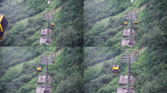 乘坐缆车景区索道观光缆车特写森林山上风景