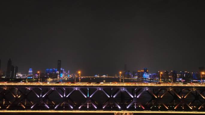 武汉长江大桥夜景航拍长江夜景城市建筑风光
