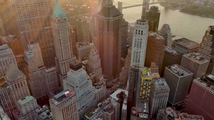 航拍纽约曼哈顿市中心摩天大楼哈德逊河日出