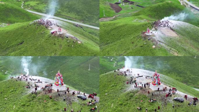 航拍大山藏民族插箭煨桑