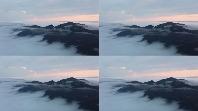 航拍冬季日出时分云雾缭绕的桂林全州天湖