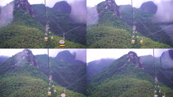 乘坐缆车景区索道观光缆车特写森林山上风景