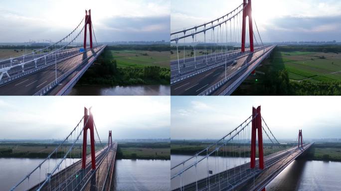 济南黄河凤凰大桥逆光光效特写4K航拍