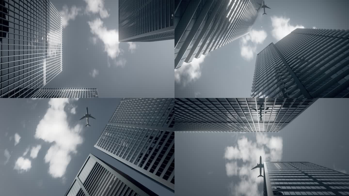 商务空中飞机飞过城市楼顶起飞客机镜头