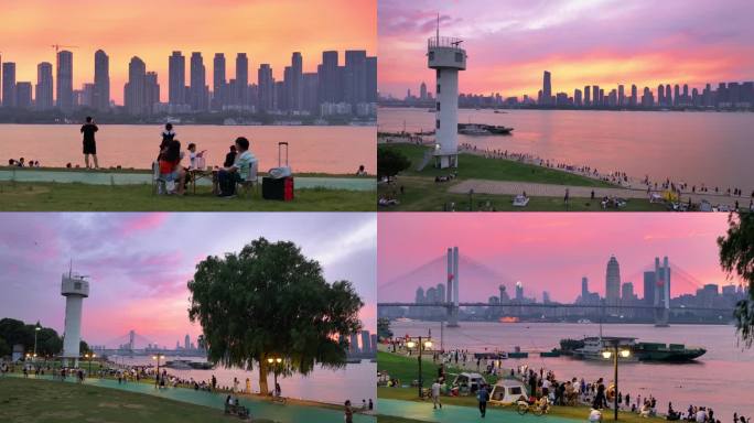 航拍武汉武昌江滩一棵树孤独树落日晚霞人文