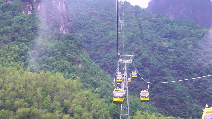 乘坐缆车景区索道观光缆车特写森林山上风景