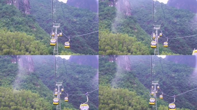 乘坐缆车景区索道观光缆车特写森林山上风景