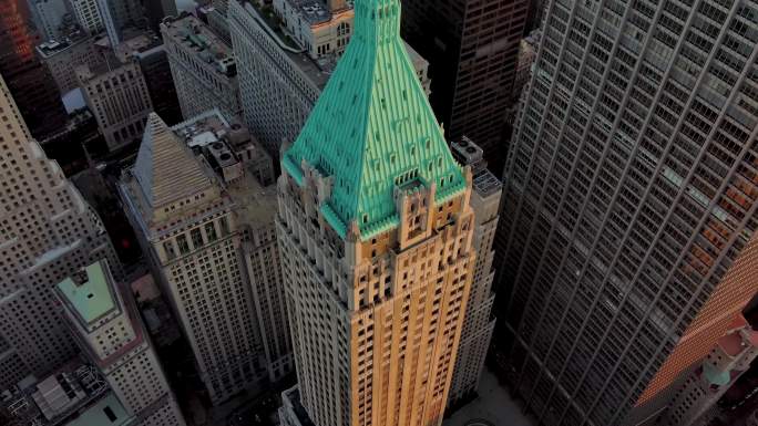 航拍纽约曼哈顿华尔街40号摩天大楼日出