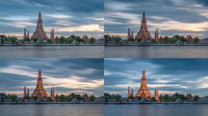 泰国曼谷湄南河城市郑王庙日转夜延时风光