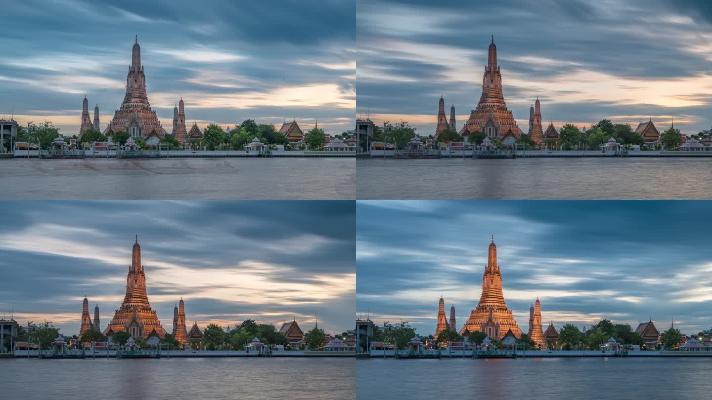 泰国曼谷湄南河城市郑王庙日转夜延时风光