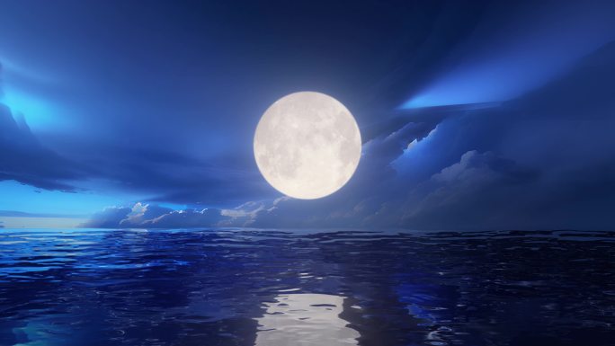 唯美大海海面水面海上明月月亮月光倒影动画
