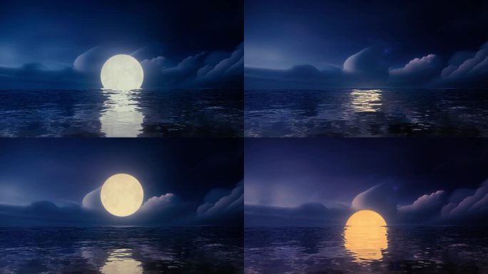三组大海海面海上一轮明月月亮升起倒影组合