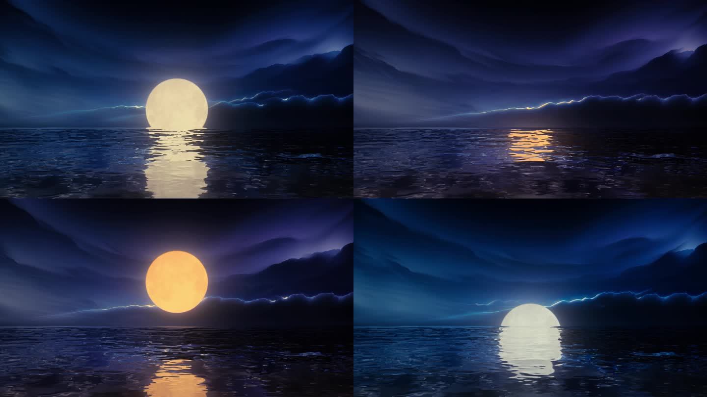 唯美大海海面水面海上月亮明月升起动画组合