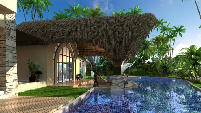 海南海口三亚酒店会所泳池棕榈树茅草屋椰树