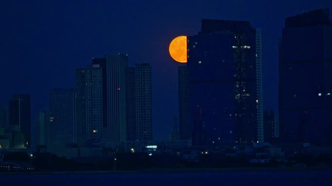 城市楼群中的月亮 城市上空的月亮 月圆
