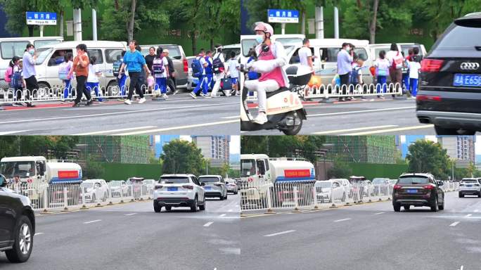 开车送学生上学，行驶在上学路上