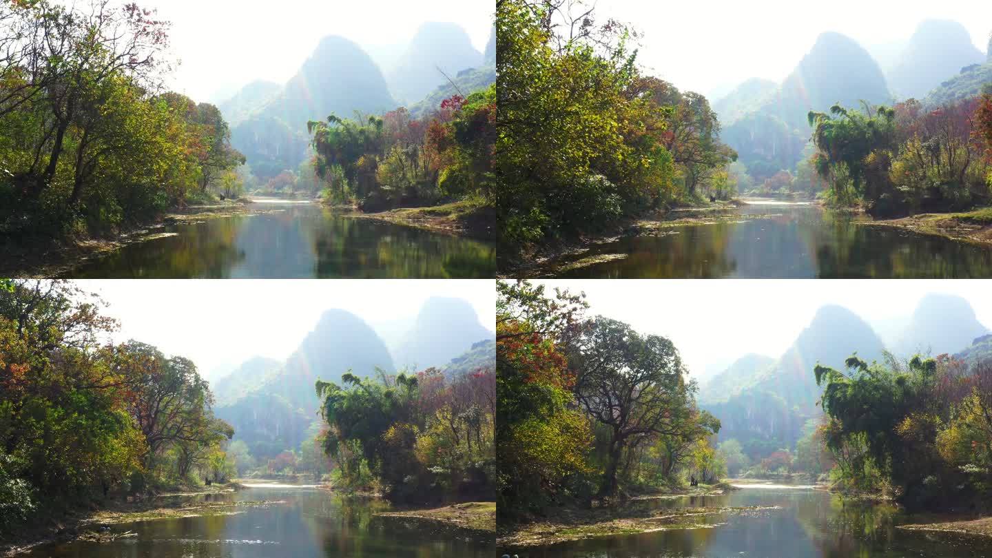 无人机贴着水面拍摄桂林漓江支流两岸的乌桕
