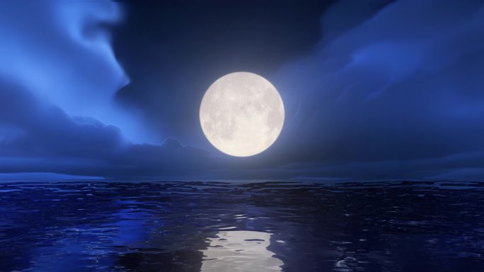 唯美大海海面海上明月月亮升起圆月满月月海