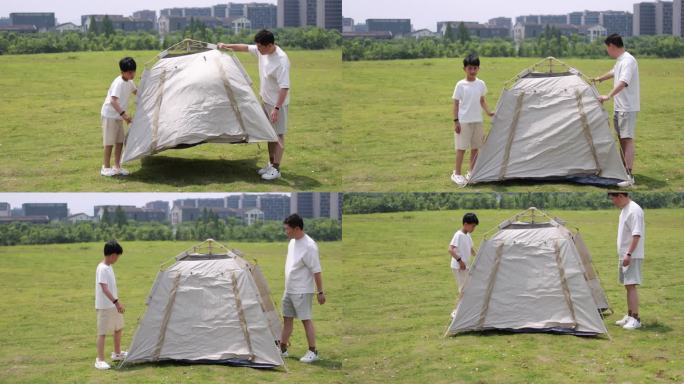 年轻家庭户外露营，父子合作搭帐篷慢镜