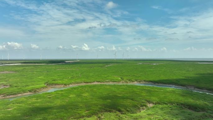 海边湿地自然与海边风力发电环境保护航拍