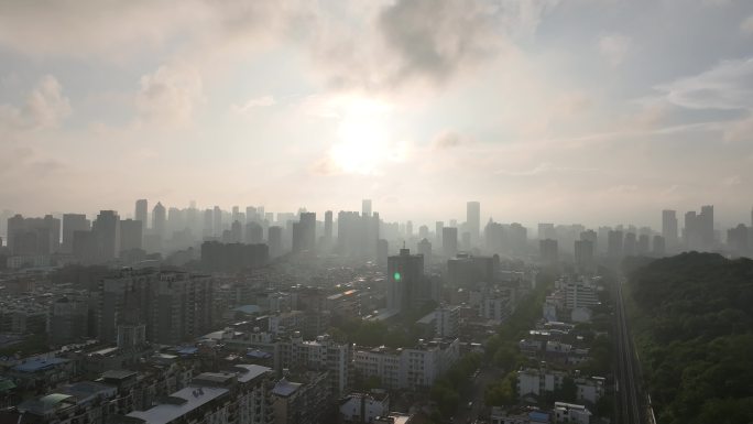 武汉城市日出航拍武昌区城市风光建筑剪影