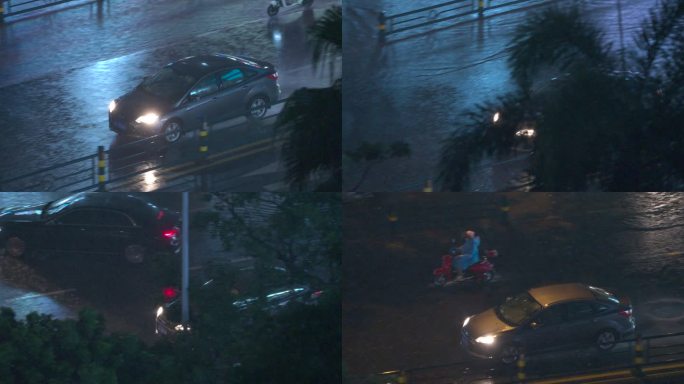 灰色轿车雨夜街景