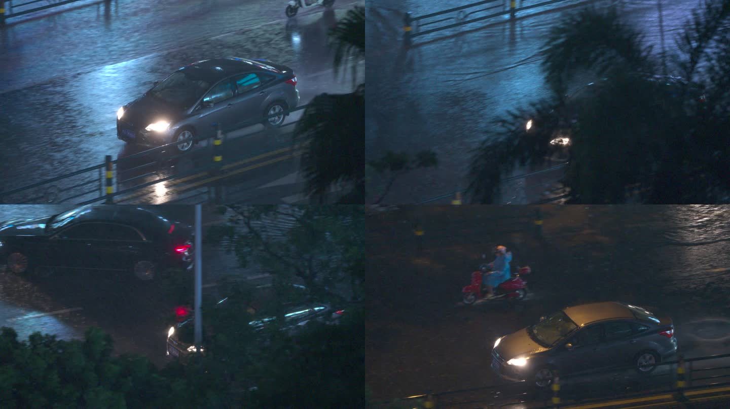 灰色轿车雨夜街景