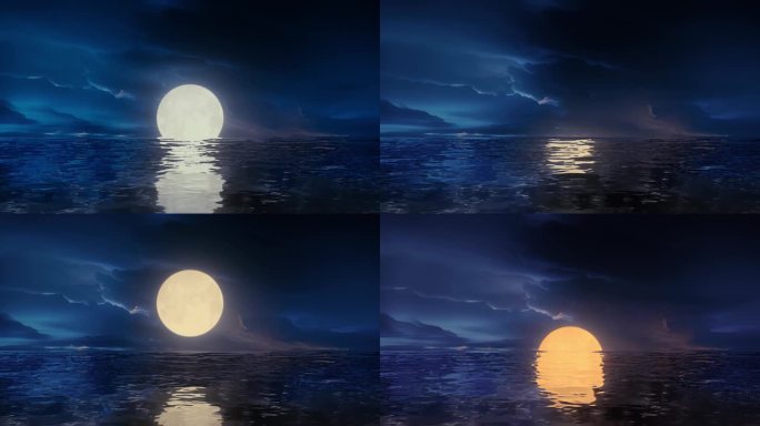 三组大海海面海上水面明月月亮满月升起延时