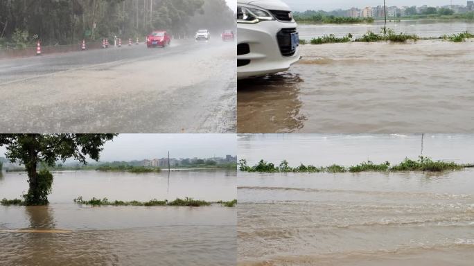 暴雨过后洪水淹没公路淹没河水暴涨道路积水