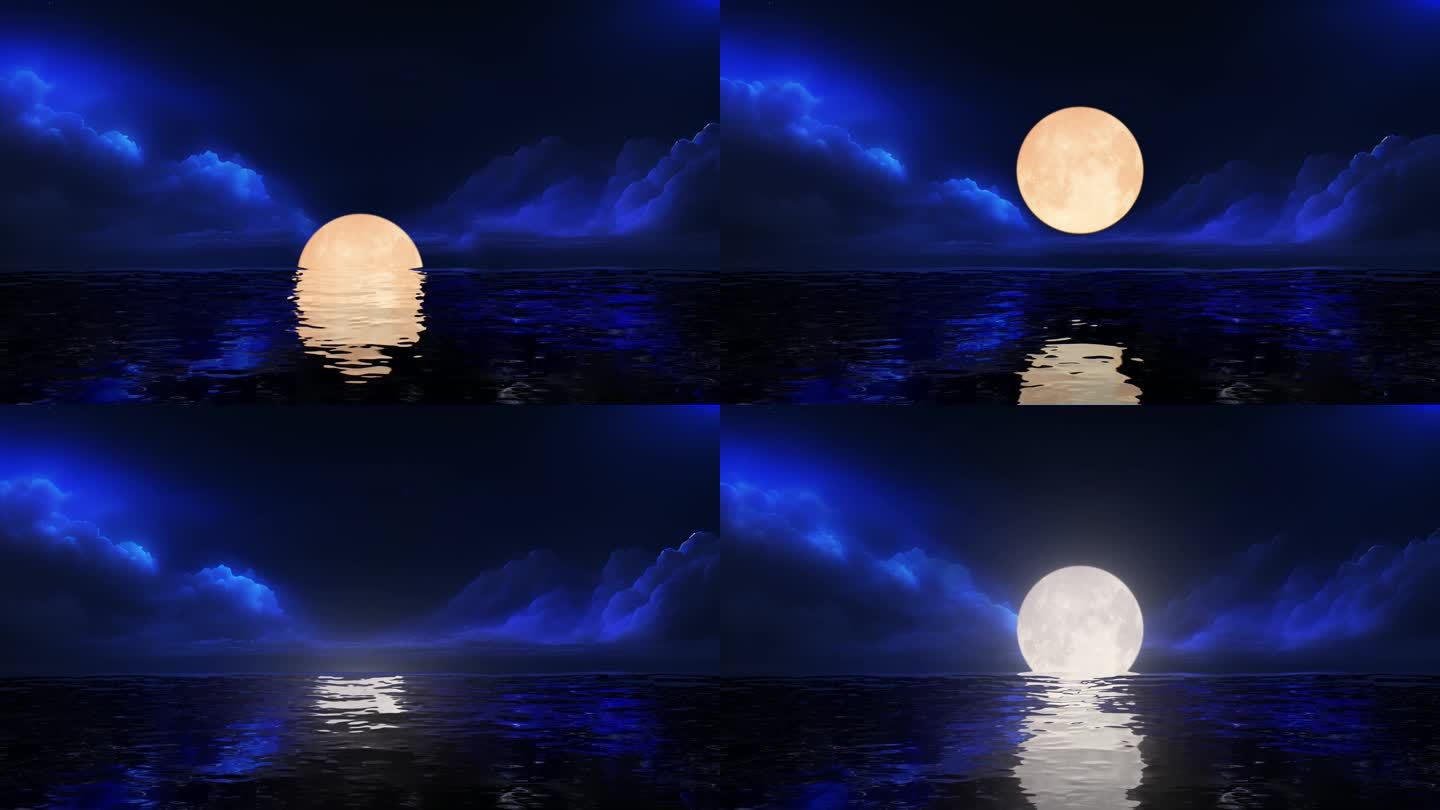 唯美大海海面水面明月月亮月光倒影升起动画