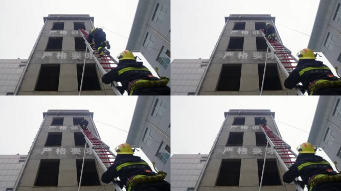 消防员战士爬云梯上高楼日常训练